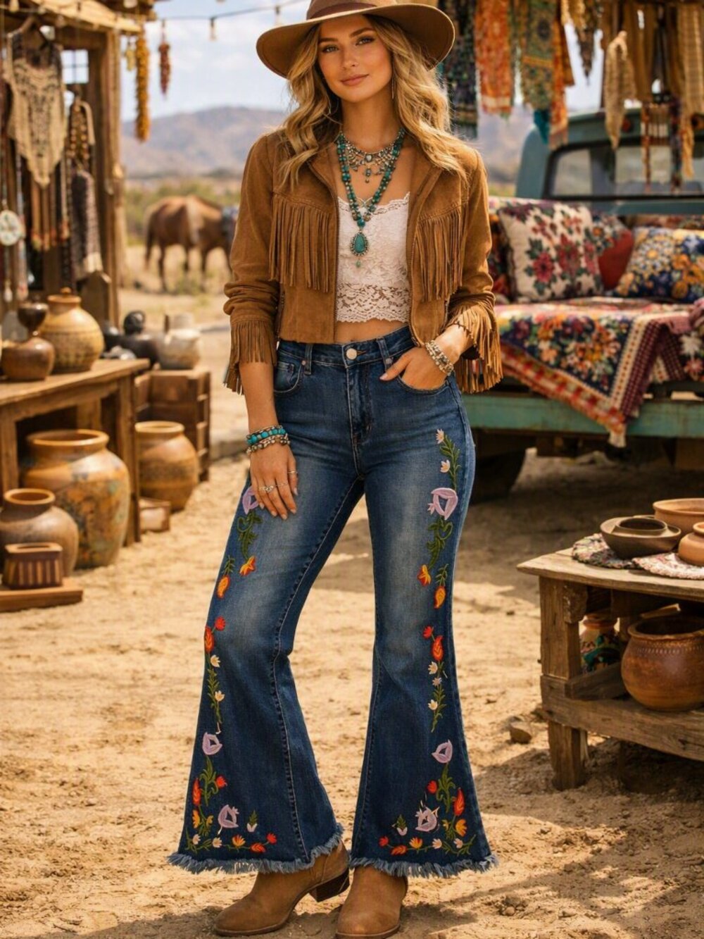 Flamingoals Dark Blue Embroidered Flare Jeans